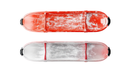 Two vintage travel suitcases one red and one silver isolated on transparent background