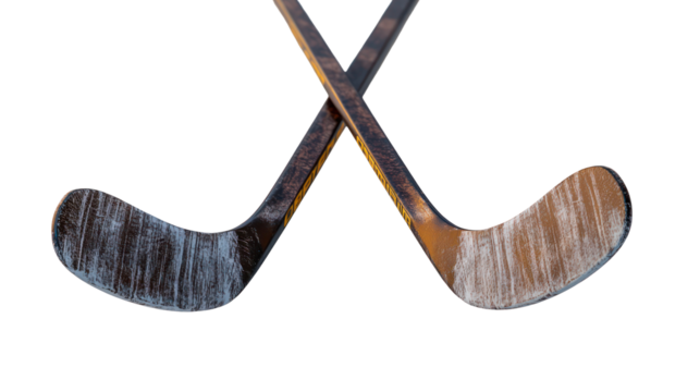 Two crossed vintage wooden hockey sticks isolated on transparent background