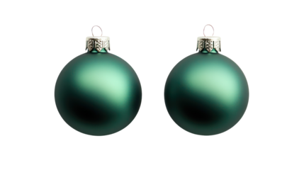 Two matte green oval christmas ornaments isolated on transparent background