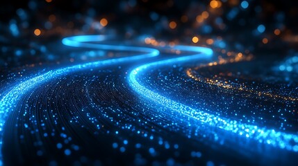 A glowing blue and orange stream of light winding through a dark abstract landscape of particles