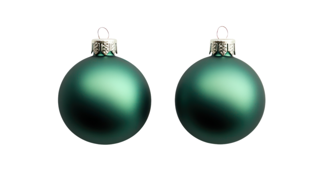 Two matte green oval christmas ornaments isolated on transparent background