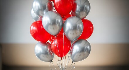 Festive celebration featuring a vibrant cluster of silver and red balloons