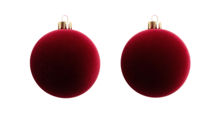 Two red velvet oval christmas ornaments isolated on transparent background