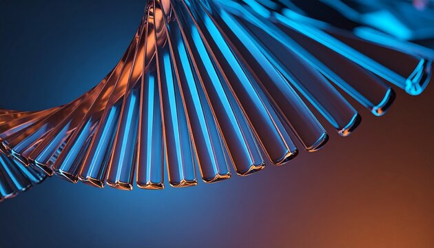 Neon glass spiral wave of transparent lines with blue brown gradient on dark 3d background. Abstract DNA structure for science technology design. Futuristic graphic render wallpaper. 3D illustration - Powered by Adobe