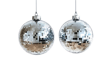 Two silver disco ball ornaments hanging isolated on transparent background