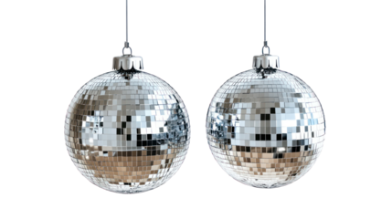 Two silver disco ball ornaments hanging isolated on transparent background