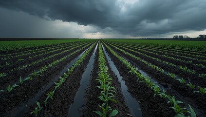 Young agricultural crops field under a dramatic stormy sky view.