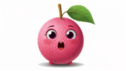 Cute surprised pink spiky fruit creature with big eyes and a leaf
