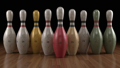 Aged bowling pins in vibrant colors standing on a wooden lane