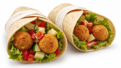 Two fresh falafel wraps with lettuce, tomato, cucumber, isolated