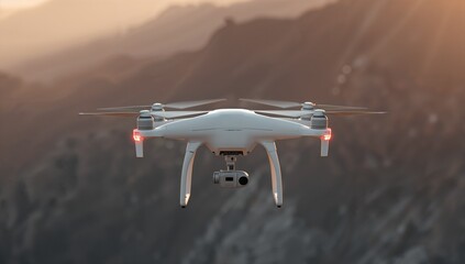 White drone flying, scenic mountains, golden hour light, technology.