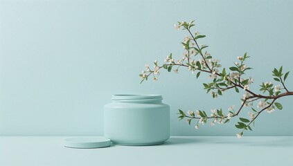Product display: mint jar with white blossoms on blue surface
