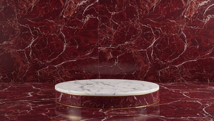Elegant white marble podium on a luxurious red stone background