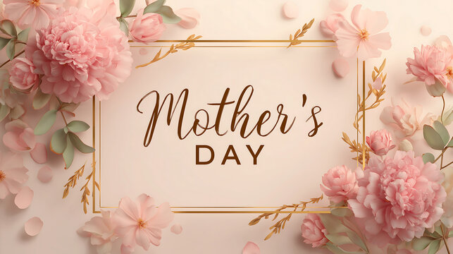 Mother's day floral background with pink flowers and gold frame design