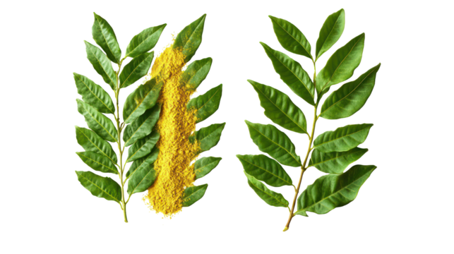 Two green branches with a yellow flower isolated on transparent background