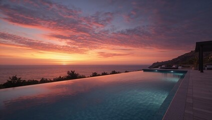Infinity pool at vibrant ocean sunset, serene luxury escape view.