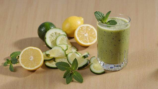 A glass of fresh green vegetable and fruit juice, on a wooden table, with sliced lemons, cucumbers, and mint leaves scattered around