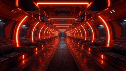 Futuristic empty sci-fi corridor with vibrant red neon lights