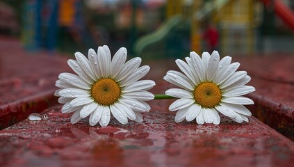 Two fresh white daisies with water drops on a wet red surface