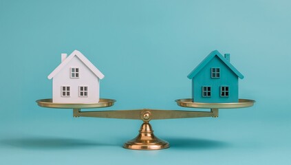 Property comparison: two miniature houses balanced on a scale.