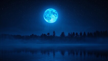 Glowing blue full moon over mystical forest and calm lake view