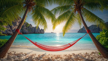 Tropical beach paradise with red hammock, palm trees, sea view