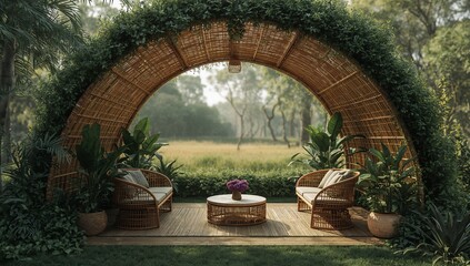 Luxurious outdoor rattan lounge in lush tropical garden setting