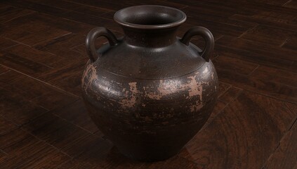 Rustic old clay pot with handles on dark wooden floor surface