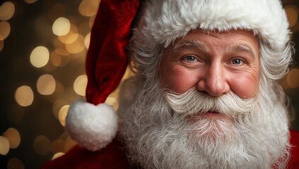 Cheerful santa claus portrait with festive bokeh lights background