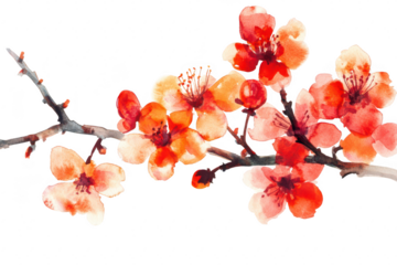 A watercolor painting of cherry blossom branches adorned with delicate pink and orange flowers. set against a clean white background. ideal for spring-themed decor and artistic projects