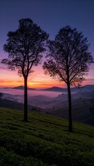 Morning glow on tea plantation with silhouetted trees and mist