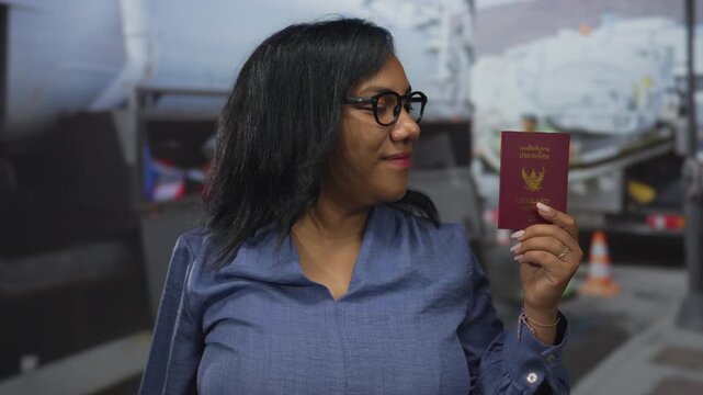 Woman wearing glasses smiles and holds thai passport while flexing bicep by baggage cart at airport; pride.