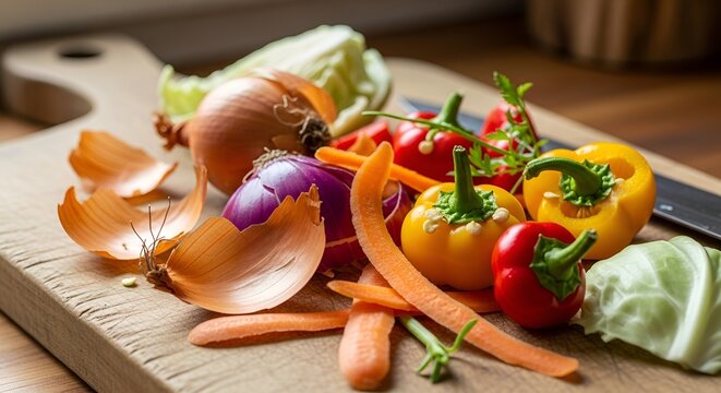 Freshly Prepared Vegetables on a Wooden Cutting Board for a Healthy Meal Preparation