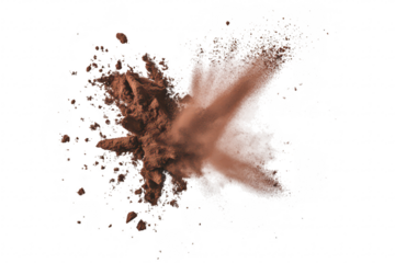 A dynamic explosion of cocoa powder against a white background. creating an artistic splash effect. ideal for culinary presentations or food-related content