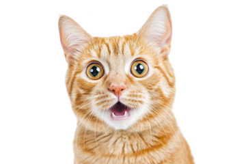 A close-up portrait of a surprised orange tabby cat with wide eyes and an open mouth. set against a plain white background. its playful and curious nature. ideal for pet-related content