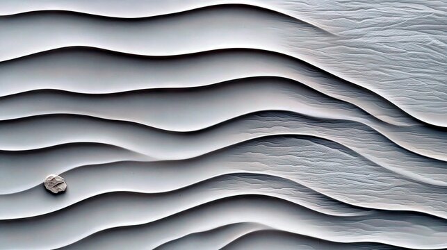 A minimalist composition of smooth, undulating sand dunes in shades of gray and white, with a small, textured pebble resting on the lower left.