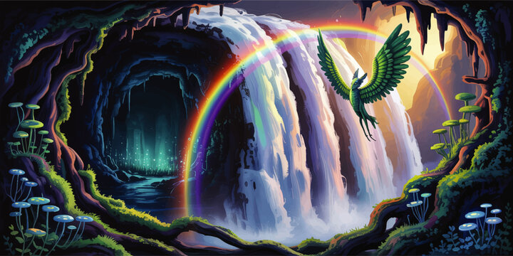 Mystical fantasy cave with glowing waterfall, rainbow and flying green phoenix bird, vibrant magical forest landscape illustration