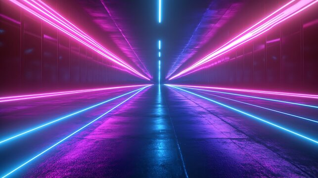 Neon lit tunnel with pink and blue lights creating a futuristic and immersive visual experience