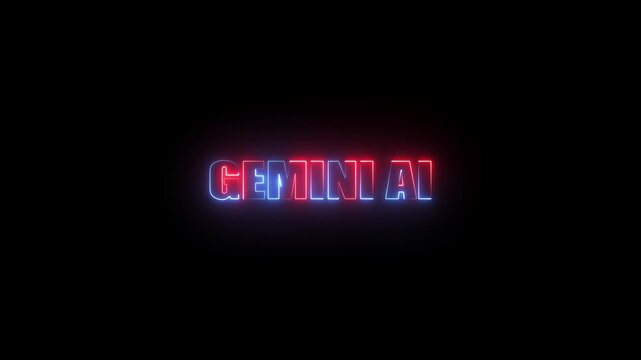 Gemini AI neon text glowing red and blue on black background Gemini AI artificial intelligence
