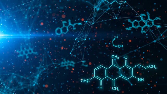 Abstract Blue Network of Molecules and Chemical Formulas in Digital Space science