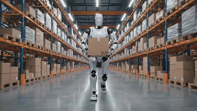 Advanced humanoid robot carrying package through automated warehouse aisles with stacked cargo and bright overhead lighting creating a futuristic logistics scene