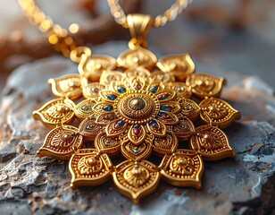 Fototapeta premium Ornate gold pendant with jewels resting on a textured rock