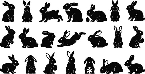 Rabbit silhouette icon set in various poses, black vector illustrations with Easter elements, bow tie, polka dots, bunny styles