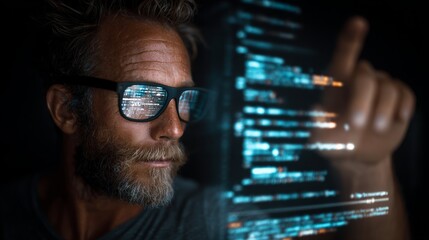 Coding meets augmented reality in innovative software engineering. Rule thirds. Dynamic office: subtle changes in hues during holographic programming. Large format. Strong contrast.