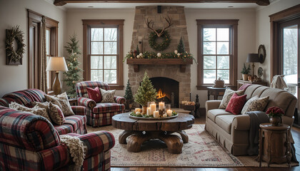 Cozy christmas living room with fireplace and plaid furniture creating a warm holiday atmosphere