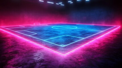 A futuristic soccer field illuminated with neon lights in shades of pink and blue in a dark arena