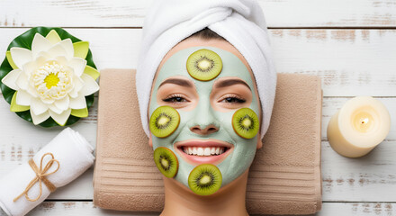 Woman with kiwi slices and face mask enjoying a spa day.