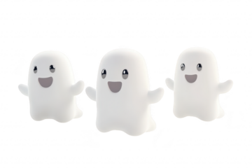 Three cheerful. cartoonish ghost characters with happy expressions. set against a plain white background. creating a playful and lighthearted atmosphere suitable for childrens content or Halloween the