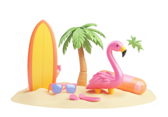 A beach scene featuring a colorful surfboard. a pink flamingo float. tropical palm tree. and playful sunglasses resting on sandy terrain. evoking a fun summer atmosphere perfect for vacation imagery