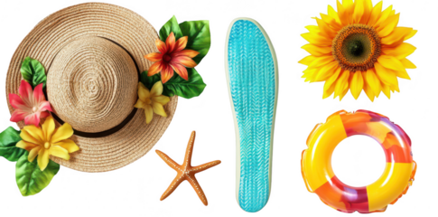 A summer flat lay featuring a straw sun hat adorned with tropical flowers. a blue pool float. a bright sunflower. a starfish. and a colorful life ring. perfect for vacation or beach-themed projects